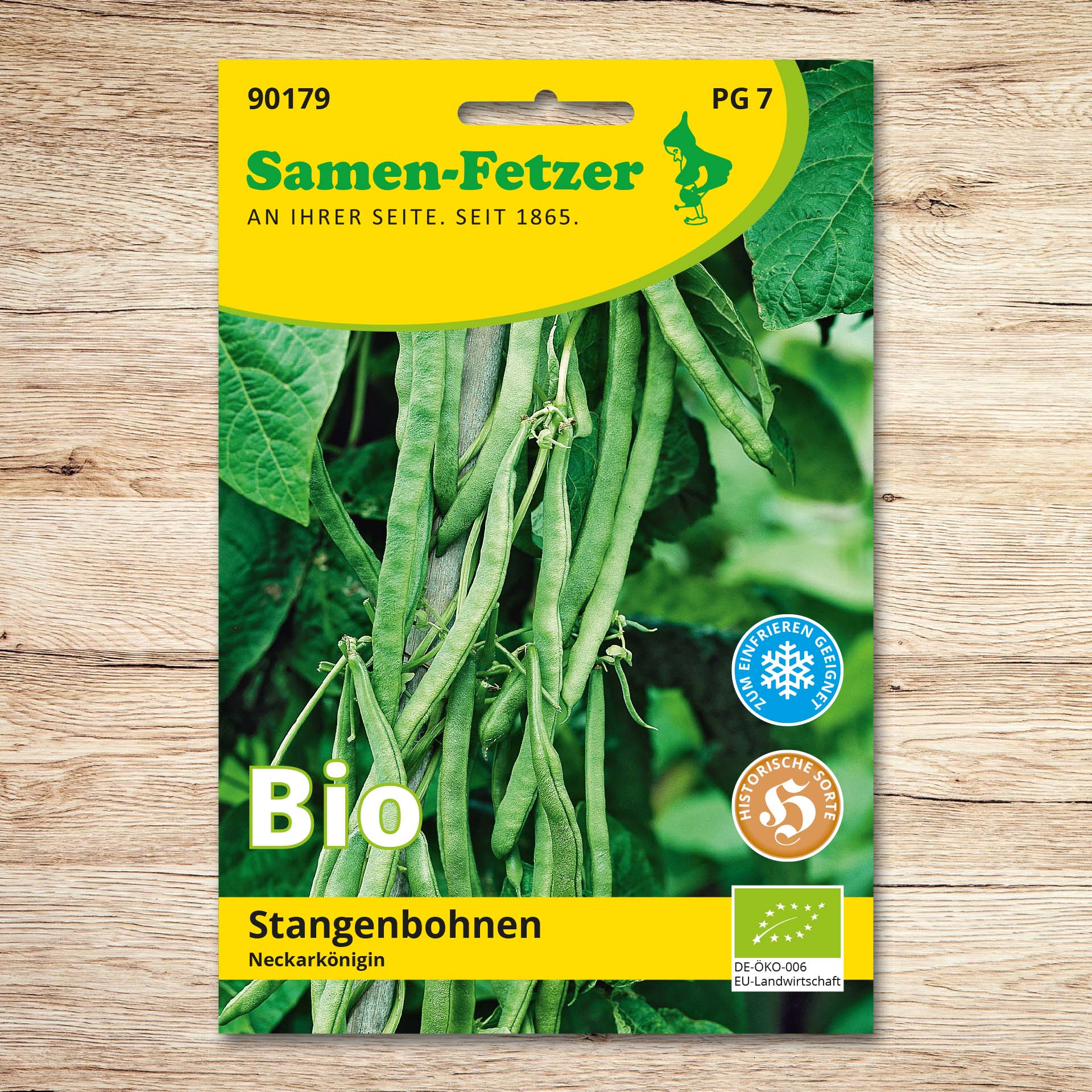 Saatgutverpackung Samen-Fetzer Stangenbohnen (Bio) Neckarkönigin mit langen grünen Hülsen an der Pflanze, ertragreiche historische Sorte, zum Einfrieren geeignet, DE-ÖKO-006