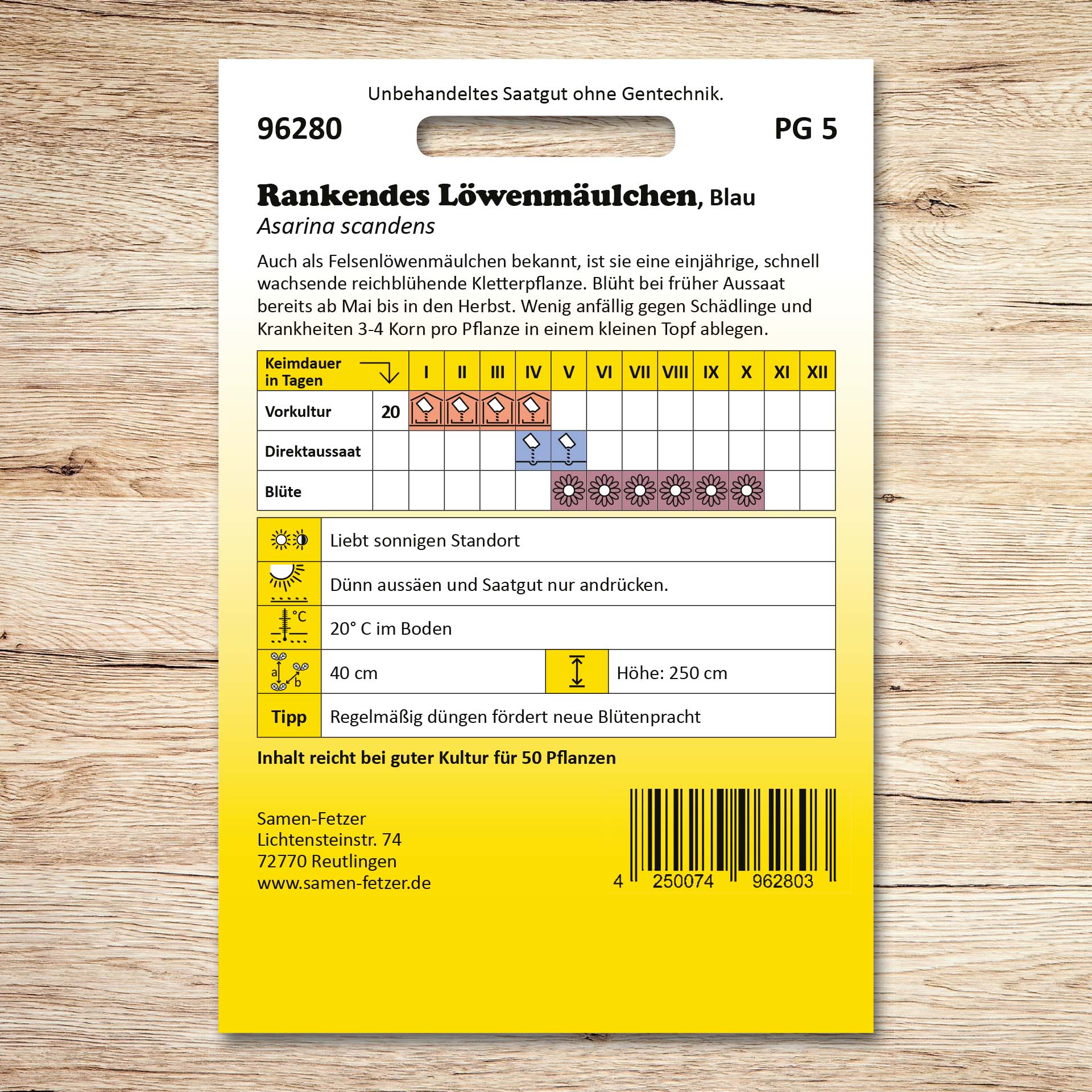 Rückseite der Samen-Fetzer Packung Rankendes Löwenmäulchen Dicht wachsend mit Aussaat- und Blühkalender, Pflegetipps und Angaben zur schnell wachsenden, reich blühenden Kletterpflanze