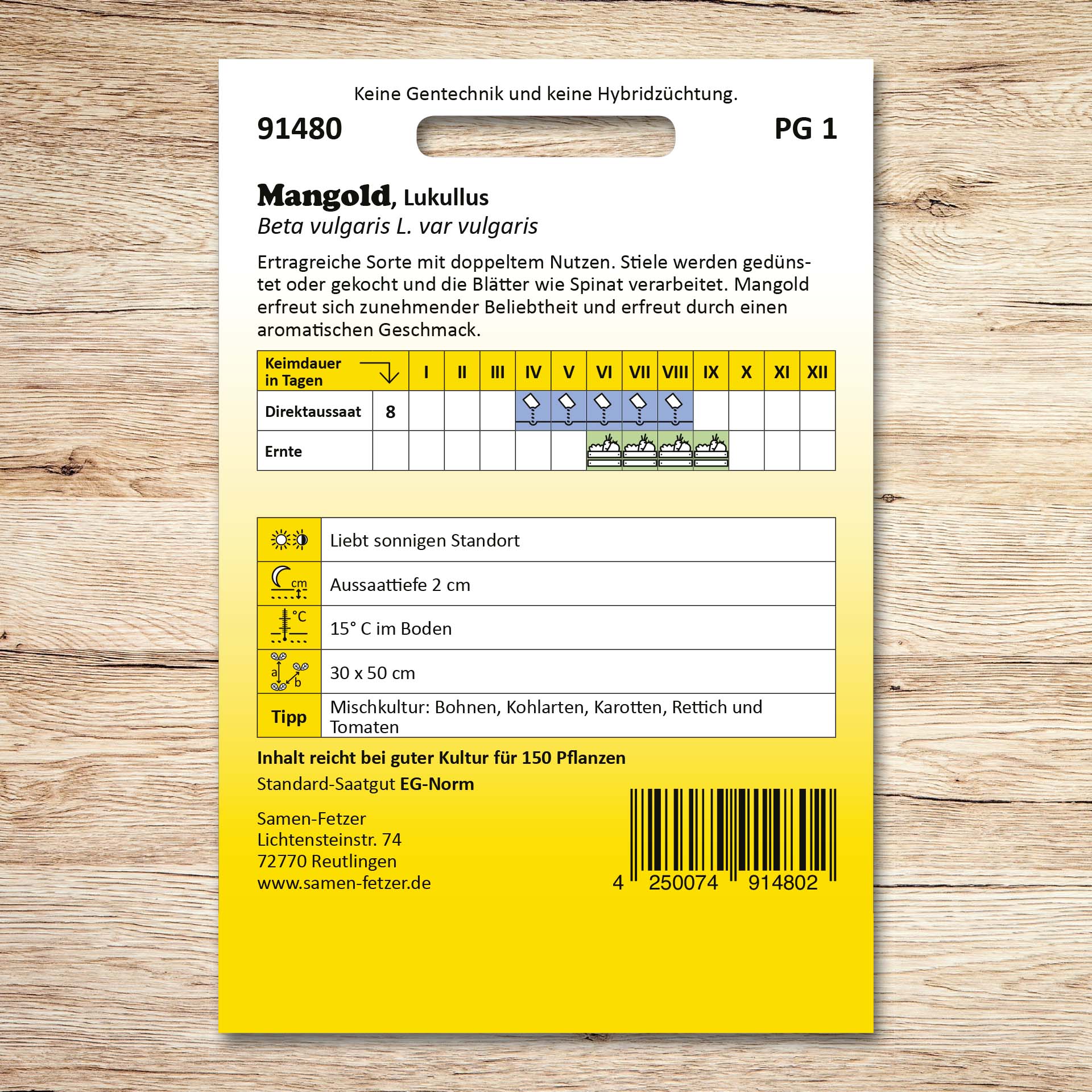 Rückseite der Samenpackung Mangold Lukullus, gelber von Samen-Fetzer mit Anbauhinweisen zu historischem, anspruchslosem Schnittmangold mit krausen Blättern und feinen Stielen.