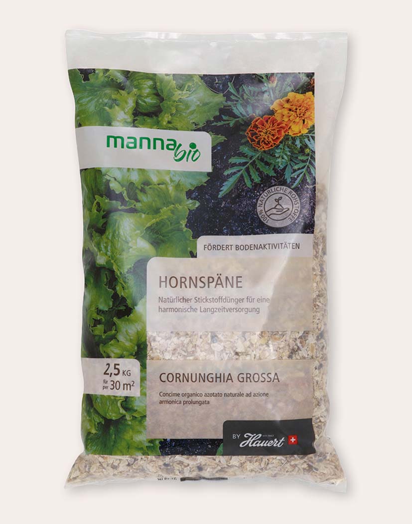 manna bio Hornspäne 2,5 kg, natürliche Hornspäne als Langzeit-Stickstoffdünger, Verpackung mit Salat- und Blumenmotiv, fördert Bodenaktivität
