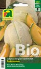 Saatgut-Packung für Bio-Zuckermelonen in grüner Verpackung mit Abbildung einer ganzen netzschaligen Melone und mehrerer aufgeschnittener Stücke