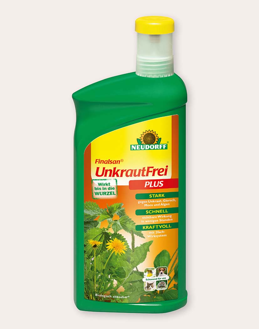 Frontansicht: Neudorff Finalsan UnkrautFrei Plus Unkrautvernichter in grüner Kunststoffflasche mit gelbem Deckel und Pflanzenetikett