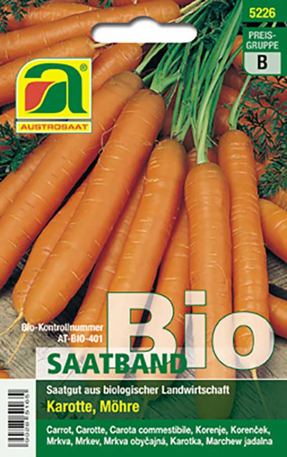Abbildung der Saatband-Verpackung Möhren Bio Nantes 2 mit glatten, zylindrischen Bio-Karotten, ca. 16–18 cm lang; rasche Aussaat ohne Vereinzeln, Papierband zerfällt rückstandslos im Boden.