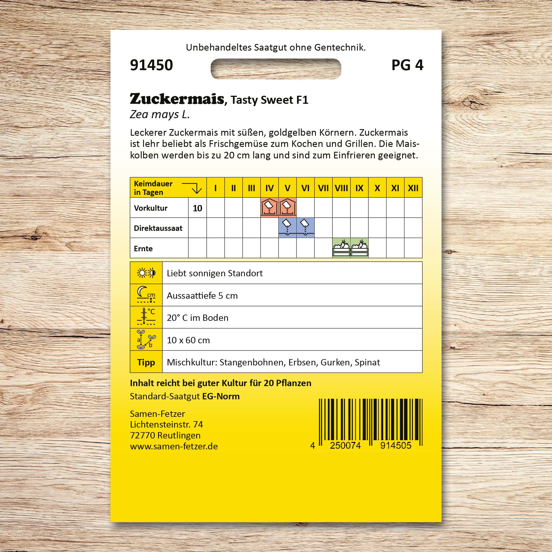 Rückseite der Samenpackung Zuckermais Tasty Sweet F1 von Samen-Fetzer mit Aussaat- und Erntekalender für süßen Zuckermais mit goldgelben Körnern, ideal zum Kochen, Grillen und Einfrieren.