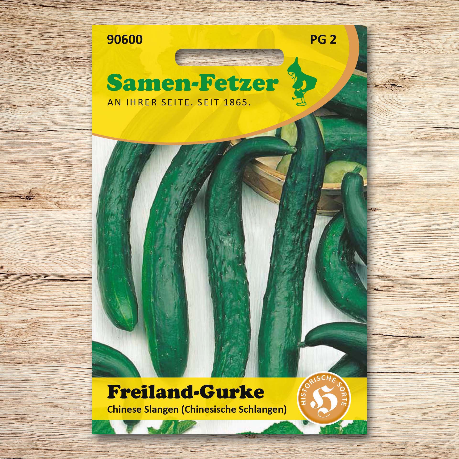 Saatgutpackung Samen-Fetzer Freilandgurke Chinese Slangen (Chinesische Schlangen) mit langen, gebogenen, dunkelgrünen Gurken – zartfleischige Freiland-Salatgurke für Frischverzehr und zum Konservieren