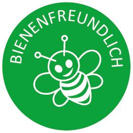 Bienenfreundliches Siegel Symbol für Bienenfreundlichkeit mit einer lächelnden Biene auf grünem Hintergrund