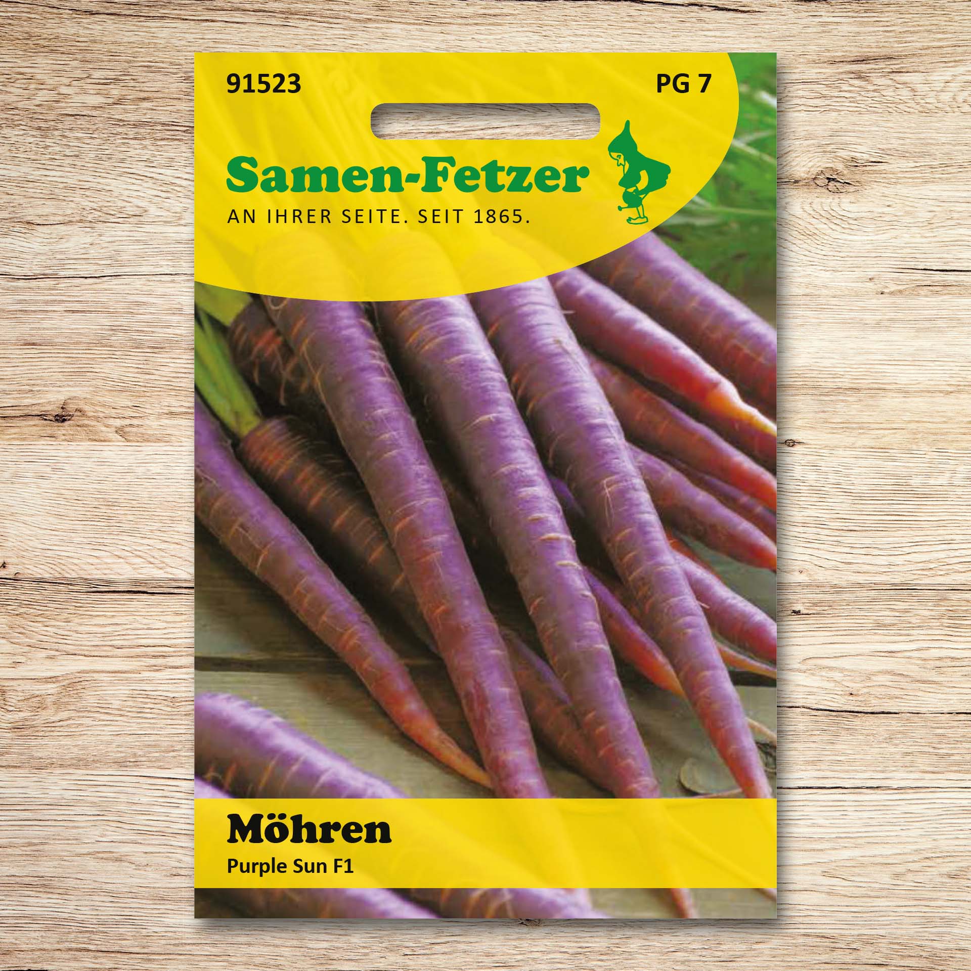 Saatgutpackung Samen-Fetzer Möhren Purple Sun F1 mit langen, intensiv violetten Karotten – aromatische, gut lagerfähige Möhrensorte