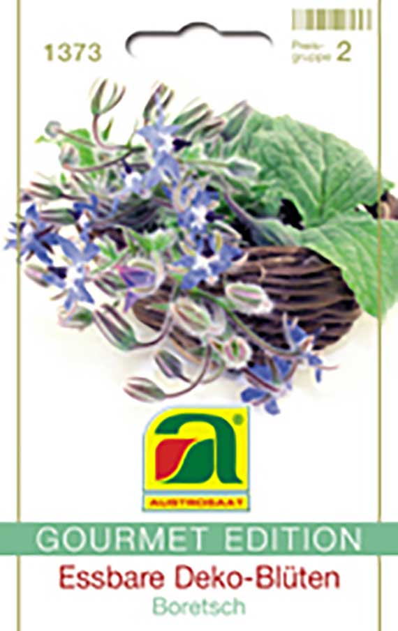 Packung Borretsch-Saatgut (Gourmet Edition) mit blauen essbaren Deko-Blüten, grünen Blättern, Weidenkorb-Motiv und Herstellerlogo auf weißem Hintergrund
