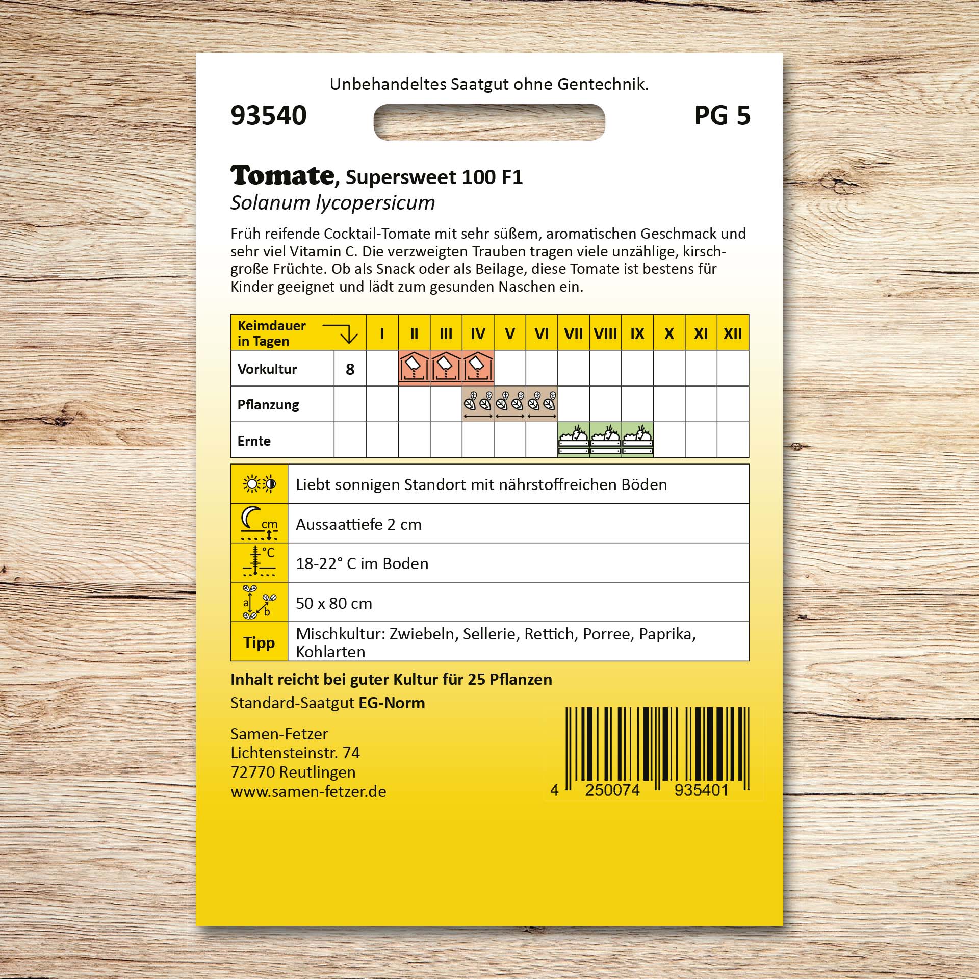 Rückseite der Samen-Fetzer Samentüte Cocktailtomaten Supersweet 100 F1 mit Aussaatkalender und Anbauhinweisen für süße, früh reifende, vitamin-C-reiche Cocktailtomaten.