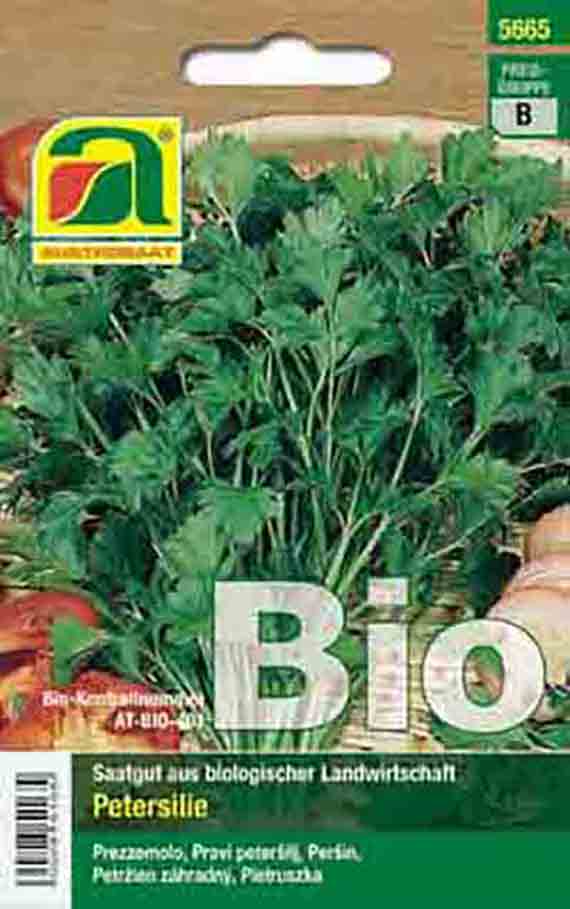 Vorderseite einer Samenpackung Bio Petersilie (glatte Petersilie), mit Foto frischer Petersilienblätter und Hinweis 'Saatgut aus biologischer Landwirtschaft'