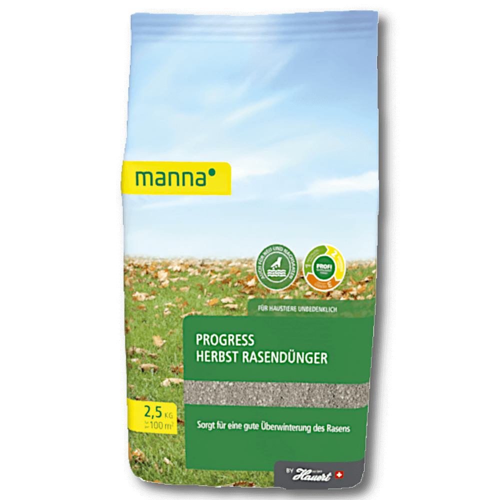 Frontansicht der Packung 'manna Progress Herbst Rasendünger' 2,5 kg, Verpackungsdesign mit Rasenmotiv, Hinweis für 100 m² und Herstellerlogo