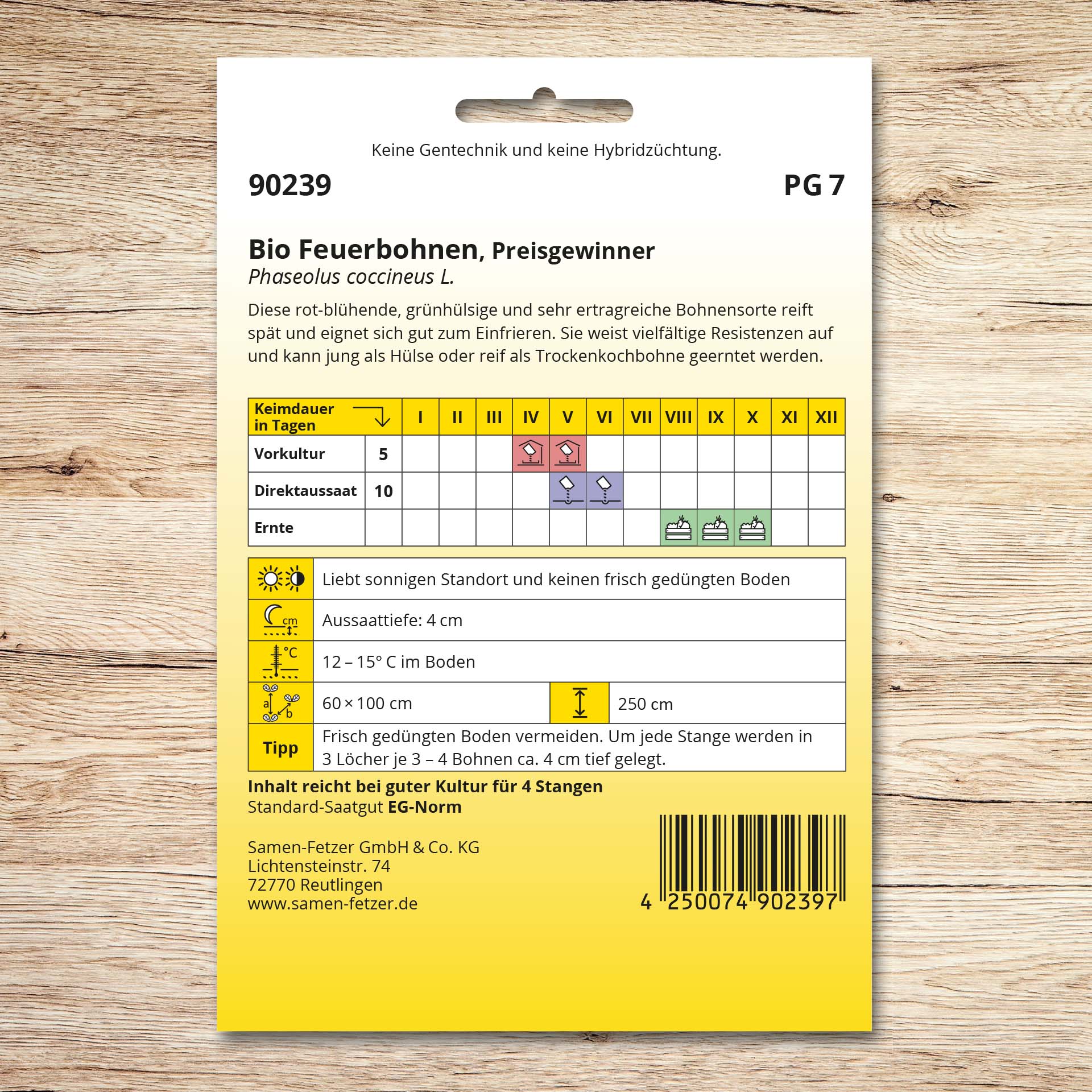 Rückseite der Saatgutpackung Feuerbohnen (Bio) Preisgewinner von Samen-Fetzer mit Aussaat-, Ernte- und Standortangaben zur ertragreichen rot blühenden Bohnensorte.