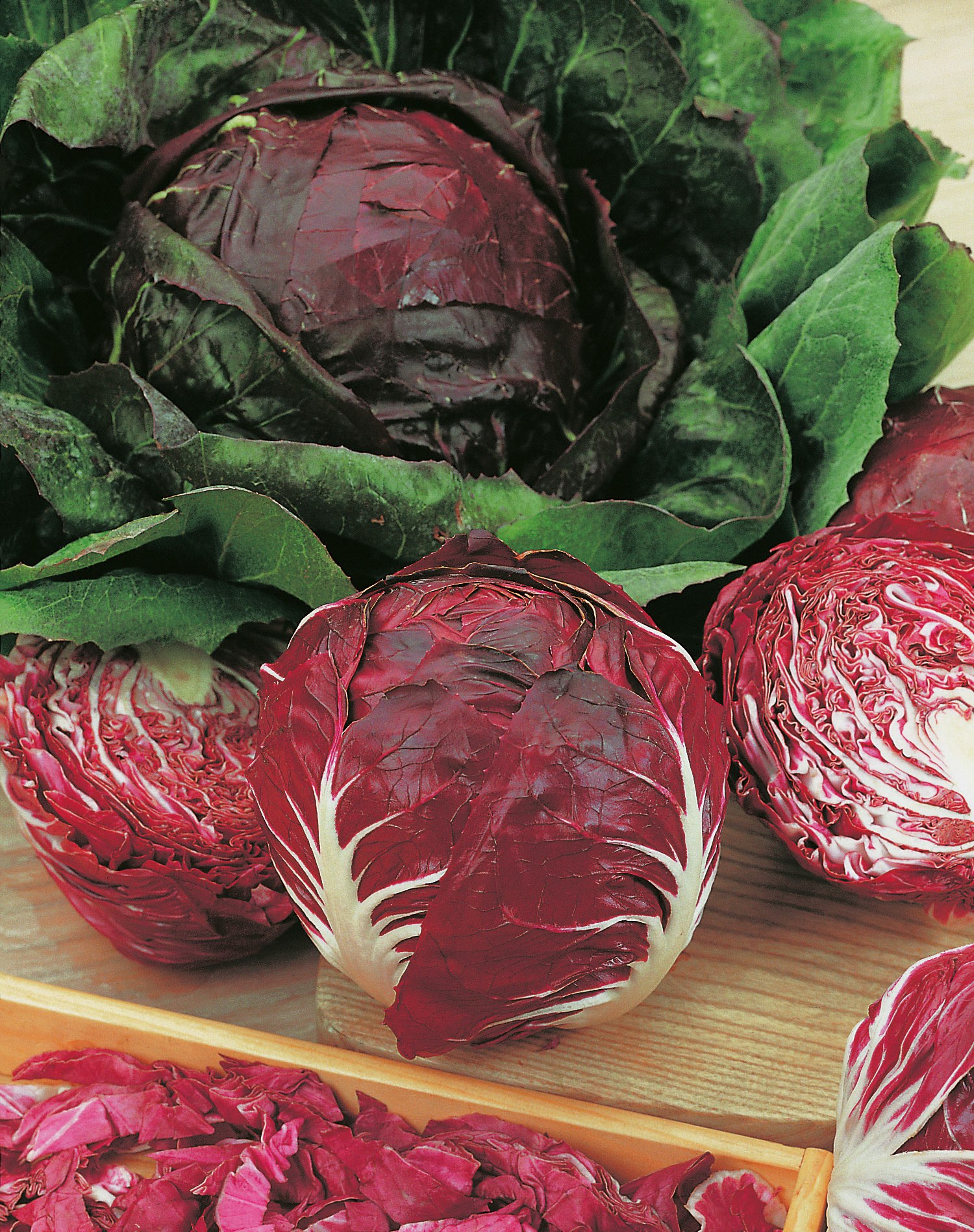 Mehrere frische Radicchio-Köpfe und halbierte Exemplare auf einem Holzbrett, mit tiefroten und weißen Blättern, ideal für Salate und Dekoration
