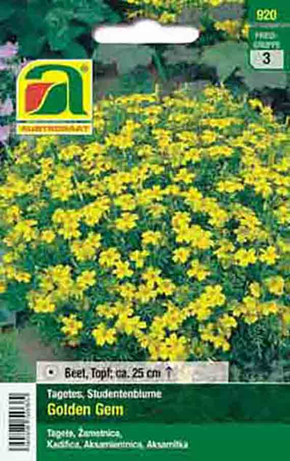 Saatgut-Packung Tagetes (Studentenblume) 'Golden Gem' mit Abbildung zahlreicher gelber Blüten, Herstellerlogo und Hinweis zur Kultur (Beet, Topf ca. 25 cm)