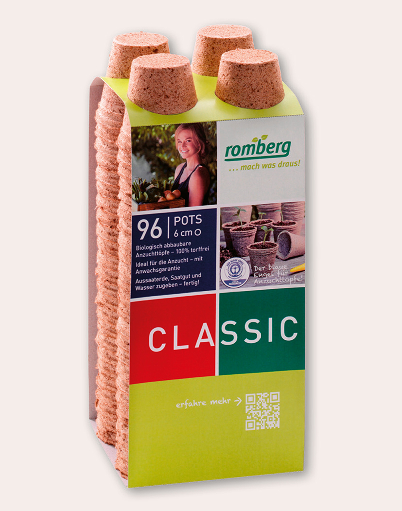 Packung Romberg Classic mit 96 biologisch abbaubaren Anzucht-Töpfchen (6 cm), stapelbare, torffreie Pflanztöpfe für Aussaat, Jungpflanzen und Umtopfen