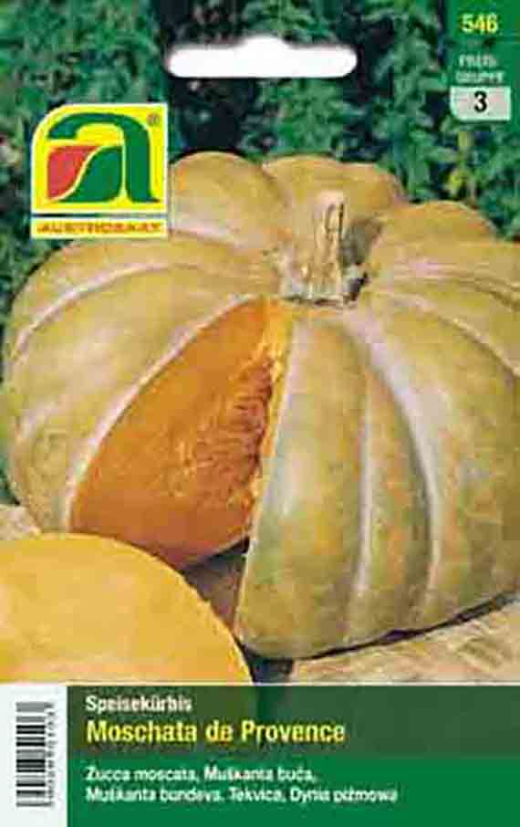Saatgutverpackung für Speisekürbis 'Moschata de Provence' mit Foto eines großen, gerippten Kürbisses in grünlich-gelber Schale und einer angeschnittenen Frucht mit tief orangefarbenem Fruchtfleisch