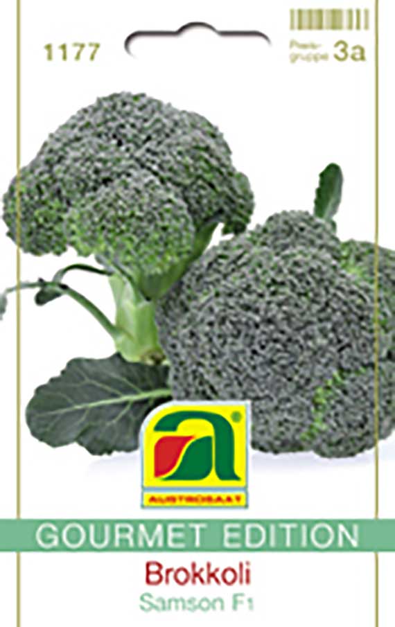 Saatgut-Verpackung: Brokkoli 'Samson F1' (Gourmet Edition) mit zwei Brokkoli-Köpfen und einem Blatt, Produktabbildung