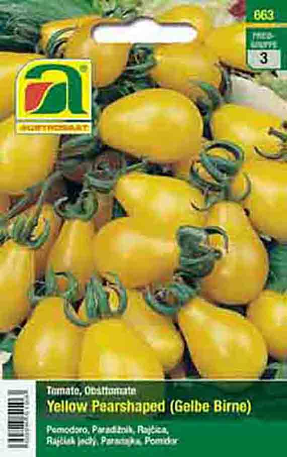 Saatgutpackung mit Tomatensamen 'Yellow Pearshaped (Gelbe Birne)' - Abbildung gelber, birnenförmiger Cocktailtomaten