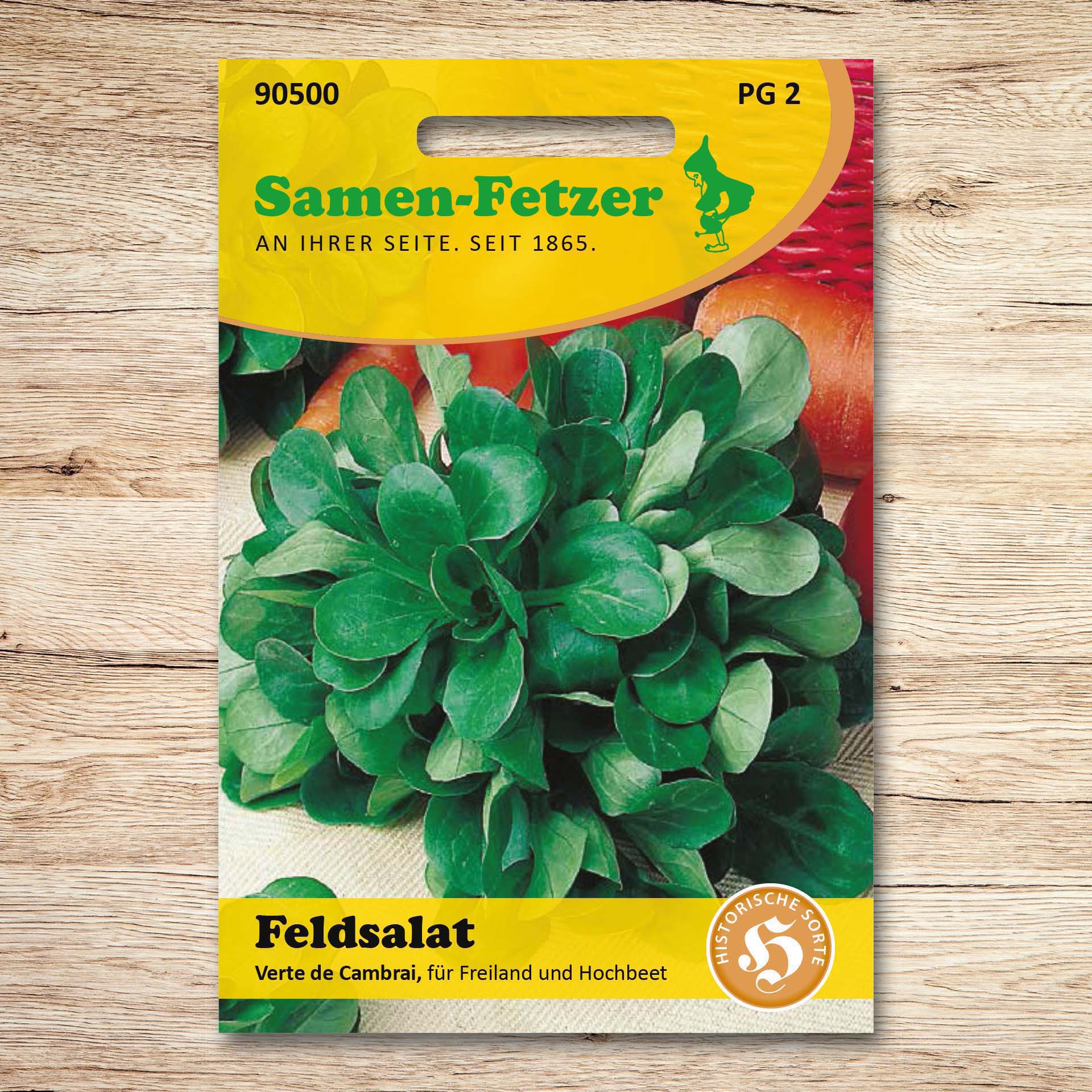 Abgebildet ist die Saatgutpackung Feldsalat Verte de Cambrai von Samen-Fetzer, Teil des Samen-Sortiments Fetzers Herbstsalat Set für herbstliche Beete mit frischem Grün wie Feldsalat, Spinat, Winterendivie, Winterkresse und Zichoriensalat.