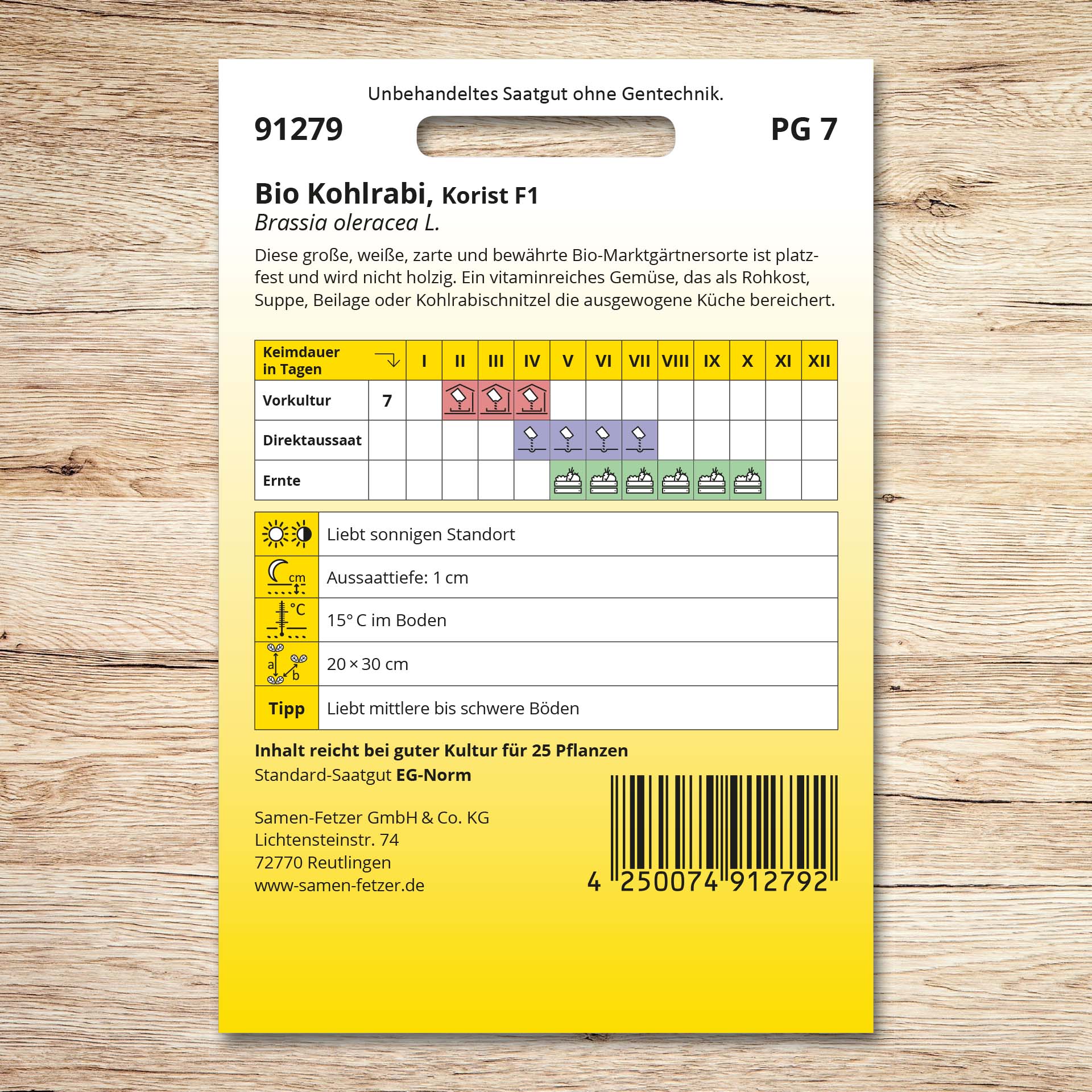 Rückseite der Saatgutverpackung Kohlrabi (Bio) Korist F1 von Samen-Fetzer mit Aussaat- und Erntekalender für große, weiße, zarte, platzfeste und vitaminreiche Kohlrabi.
