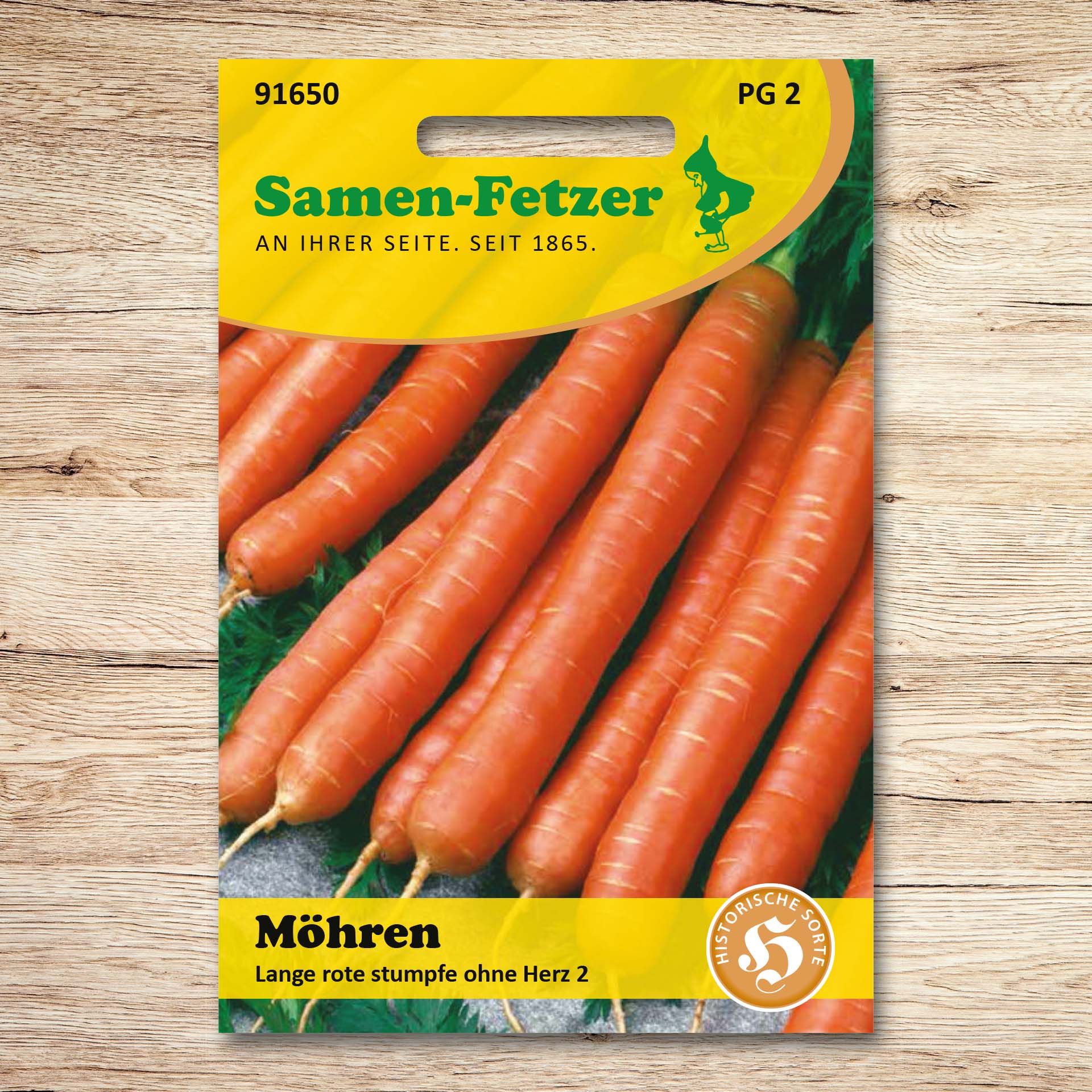 Saatgutpackung Samen-Fetzer für Möhren „Lange rote stumpfe o. Herz“ mit langen roten, glattschaligen Karotten – historische, lagerfähige Herbst- und Wintermöhre mit hohem Carotingehalt.