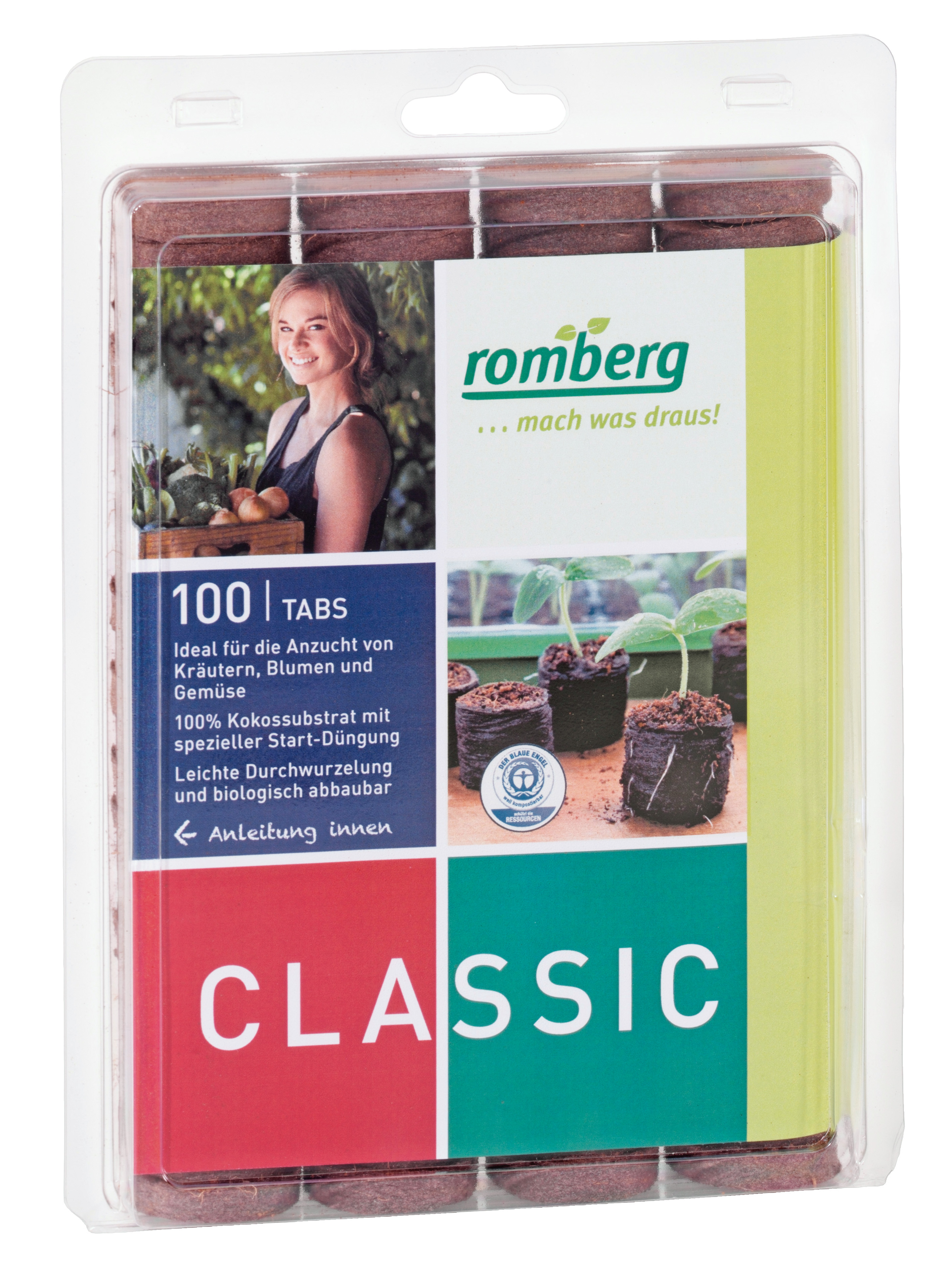 Romberg Classic Anzucht-Tabs, 100 Kokos-Substrat-Tabs im Blister, ideal für Kräuter, Blumen und Gemüse