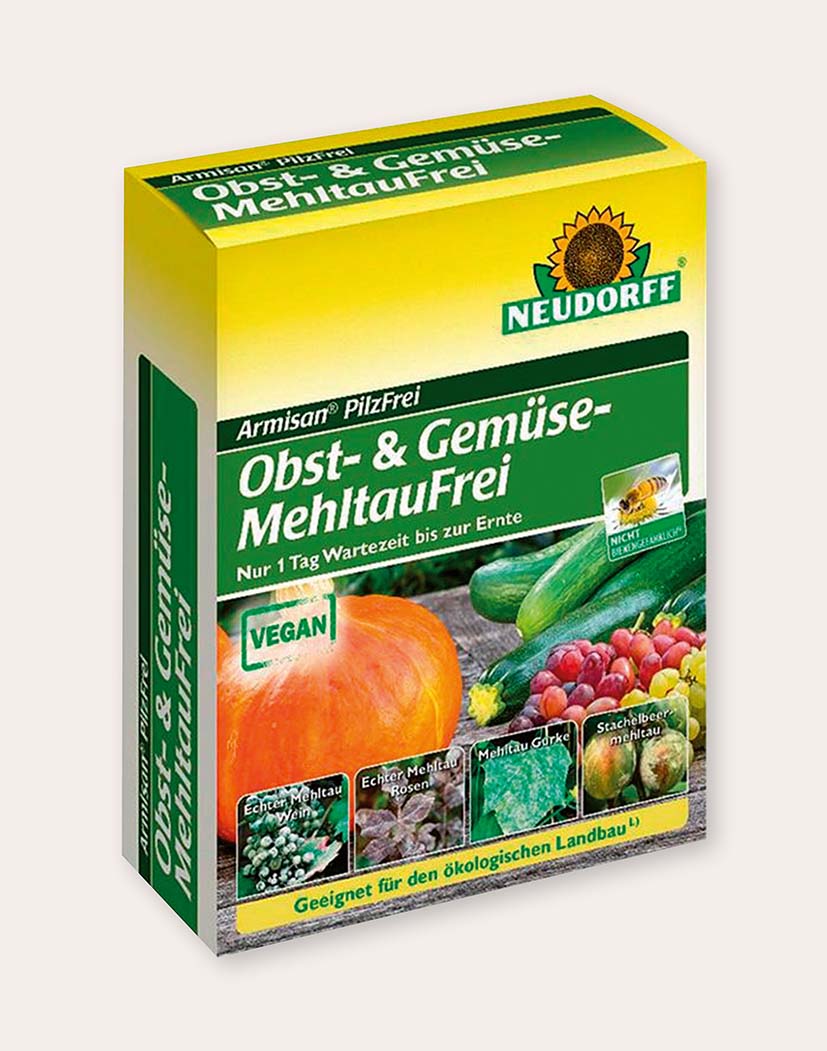 Neudorff Armisan PilzFrei Obst- & Gemüse-MehltauFrei Packung, grün-gelbes Design mit Kürbis, Zucchini und Beeren, Aufschrift 'Vegan' und 'Nur 1 Tag Wartezeit bis zur Ernte'