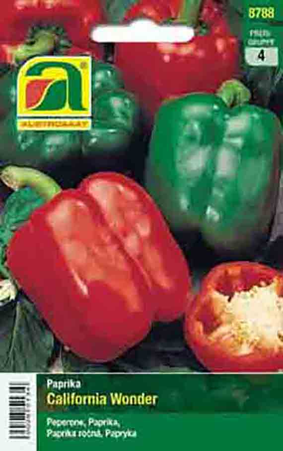 Saatgut-Packung California Wonder Paprika mit Abbildung roter und grüner Blockpaprika auf der Verpackung