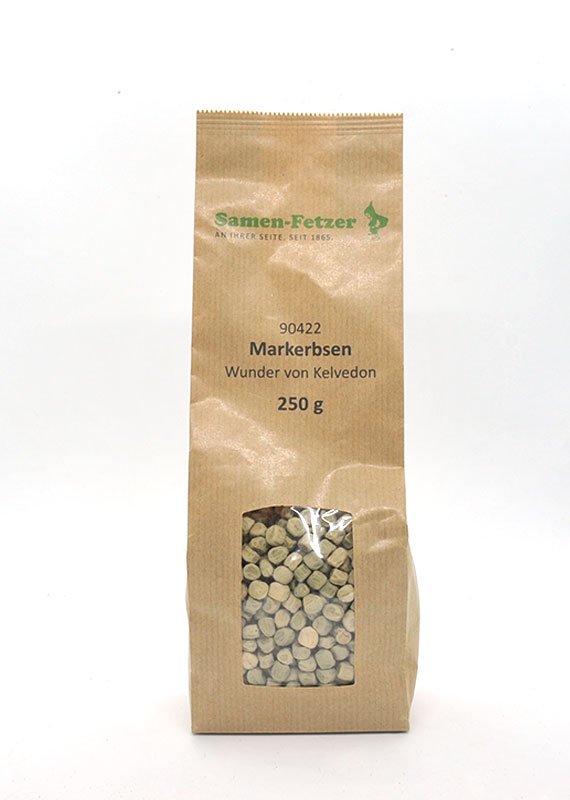 Braune Papierpackung mit Sichtfenster und grünem Samen-Fetzer-Logo, Inhalt: Markerbsen 'Wunder von Kelvedon', 250 g