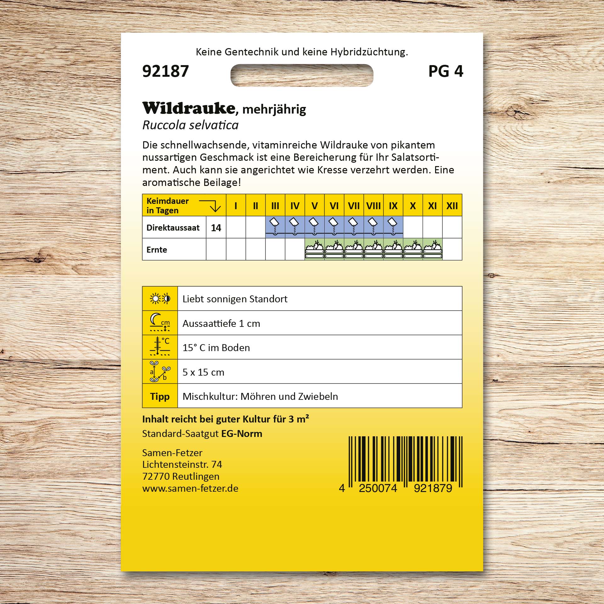 Rückseite der Samenpackung Wildrauke mehrjährig von Samen-Fetzer mit Aussaat- und Erntekalender für die schnellwachsende, vitaminreiche Rauke mit pikant-nussigem Geschmack.