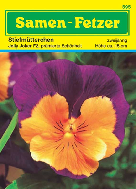 Foto eines Samenpäckchens der Marke Samen-Fetzer mit Stiefmütterchen-Sorte 'Jolly Joker F2': große zweifarbige Blüte in leuchtendem Violett und Orange, zweijährig, Wuchshöhe ca. 15 cm.