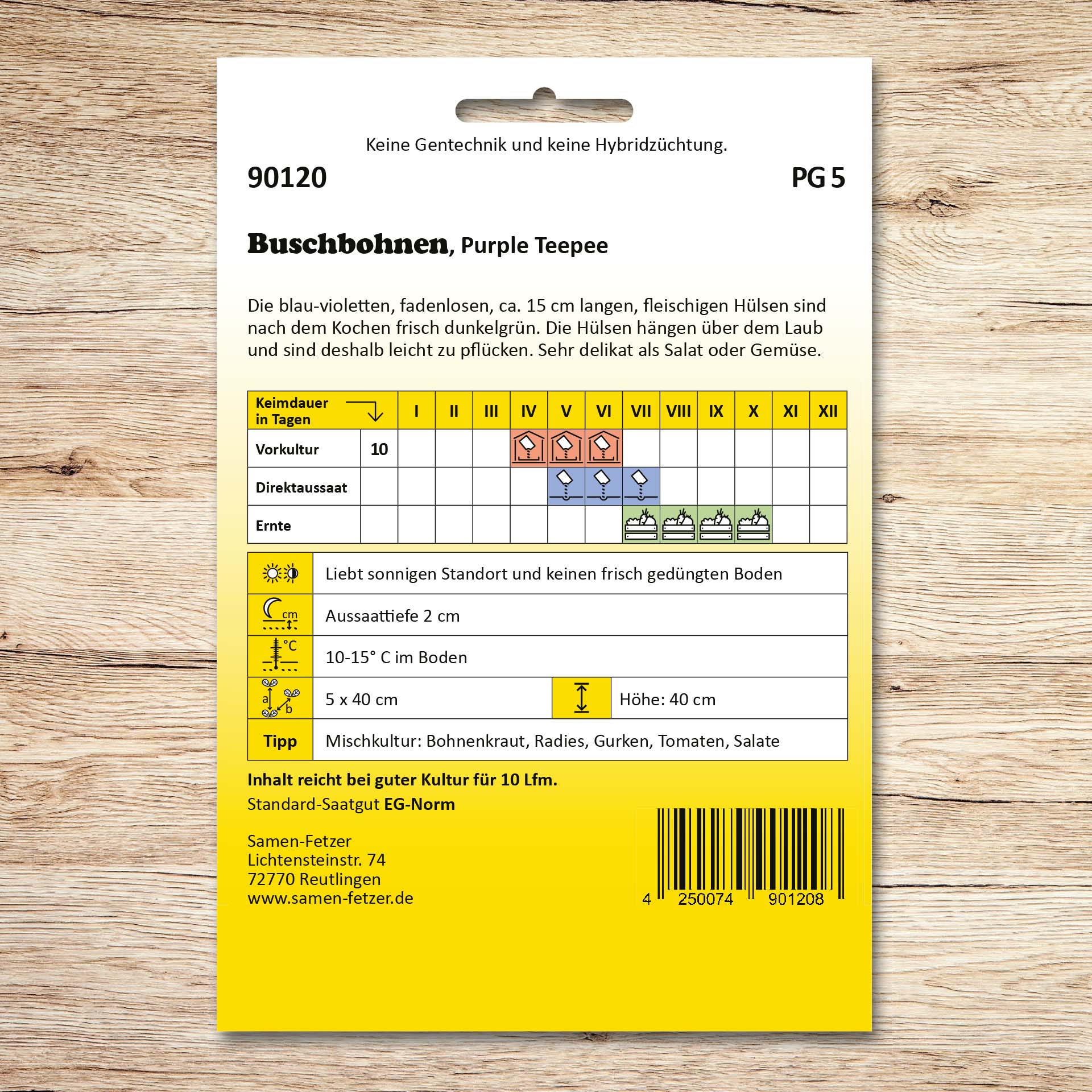 Rückseite der Samenpackung Buschbohnen Purple Teepee von Samen-Fetzer mit Aussaat- und Erntekalender, violett-blauen Hülsenbohnen, Standort- und Pflegehinweisen; Bohnen färben sich beim Kochen grün.