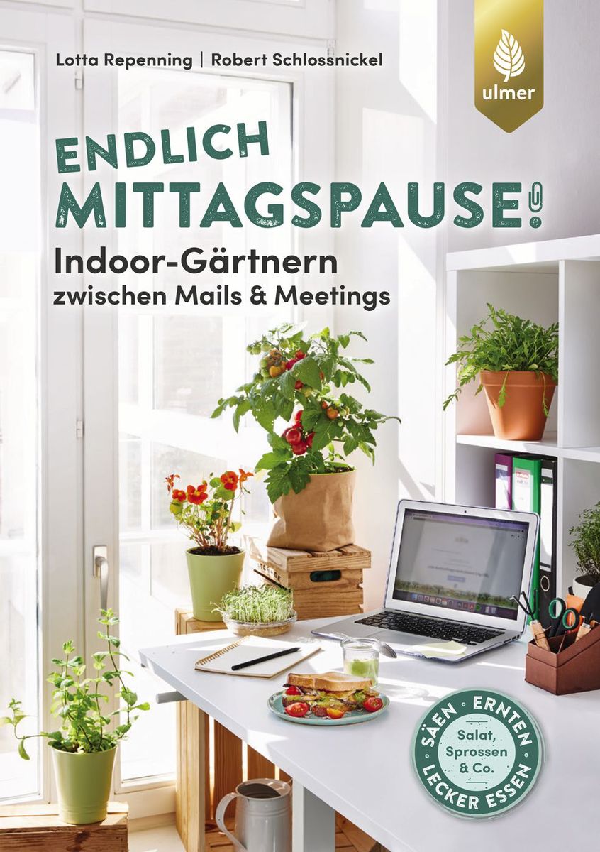 endlich-mittagspause-indoor-gaertnern-zw Buchcover 'Endlich Mittagspause! Indoor-Gärtnern zwischen Mails & Meetings' zeigt Schreibtisch am Fenster mit Laptop, Sandwich, Notizbuch und mehreren Topfpflanzen