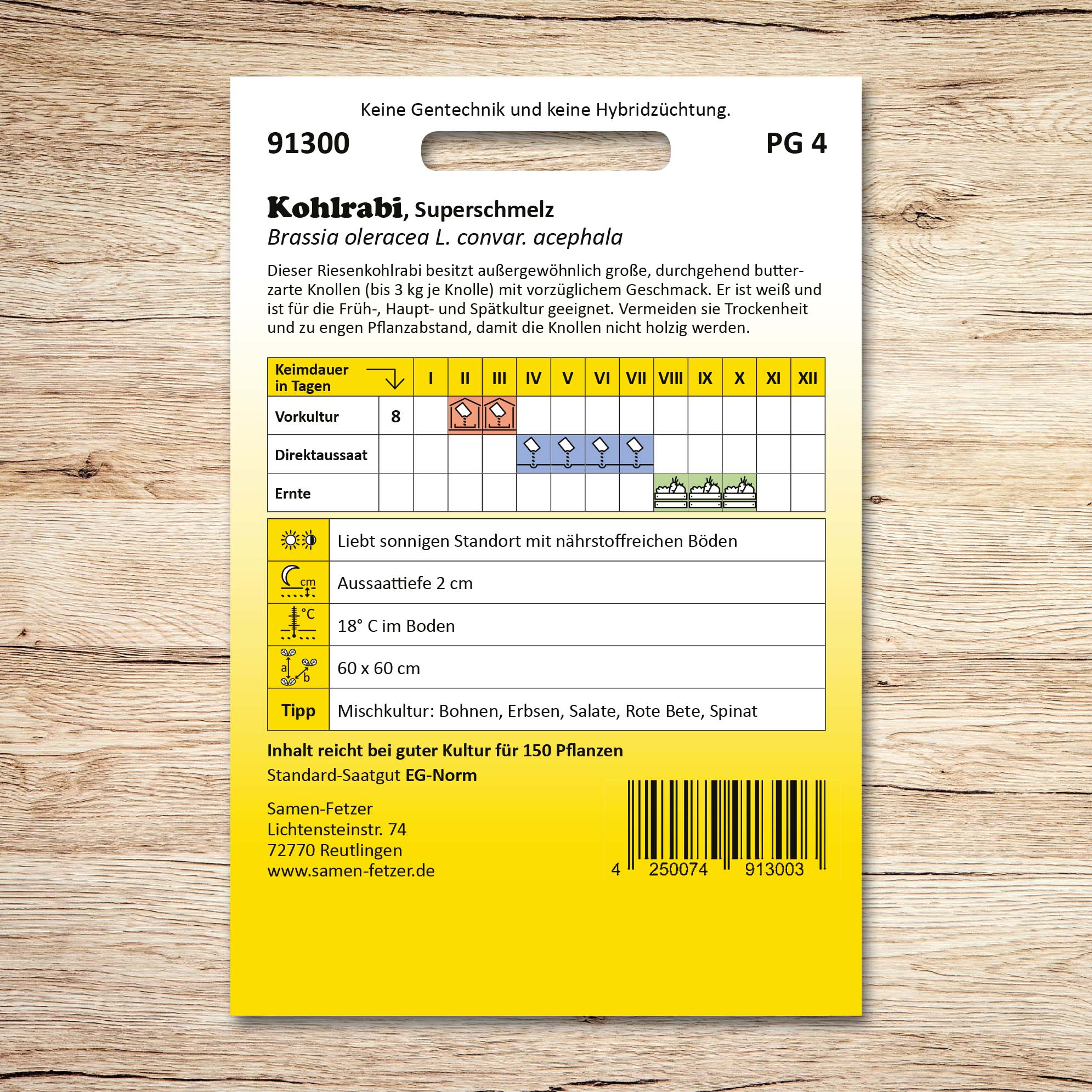 Rückseite der Samen-Fetzer Samentüte Kohlrabi Superschmelz mit Aussaatkalender und Pflegehinweisen für schossfeste, butterzarte Riesenkohlrabi-Knollen bis über 3 kg.