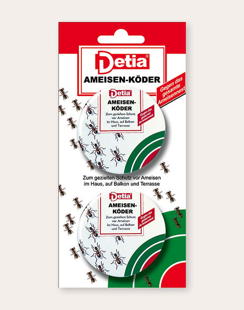 Detia Ameisen-Köder Packung mit zwei runden Köderdosen, Produktverpackung in Rot-Weiß-Grün mit Ameisen-Grafik und aufgedruckten Ameisen, dient zum gezielten Schutz vor Ameisen im Haus, auf Balkon und Terrasse.