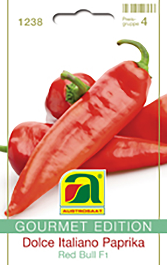Saatgut-Packung 'Dolce Italiano Paprika Red Bull F1' (Gourmet Edition) mit roten Paprika auf weißem Hintergrund