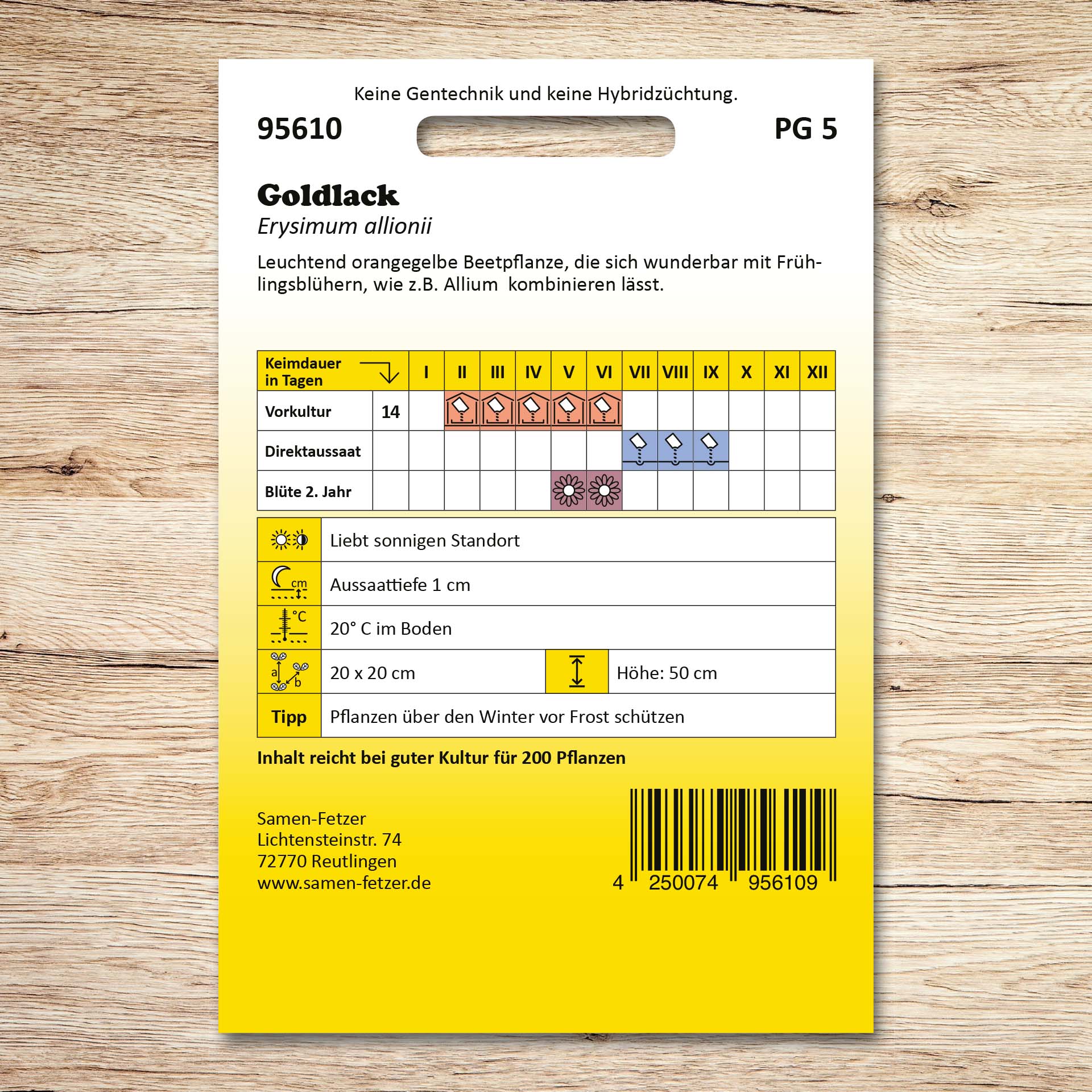 Rückseite der Samenpackung Goldlack Schöterich von Samen-Fetzer mit Aussaatkalender und Pflegehinweisen für die leuchtend orangegelbe, zweijährige Beet- und Topfpflanze Erysimum allionii.