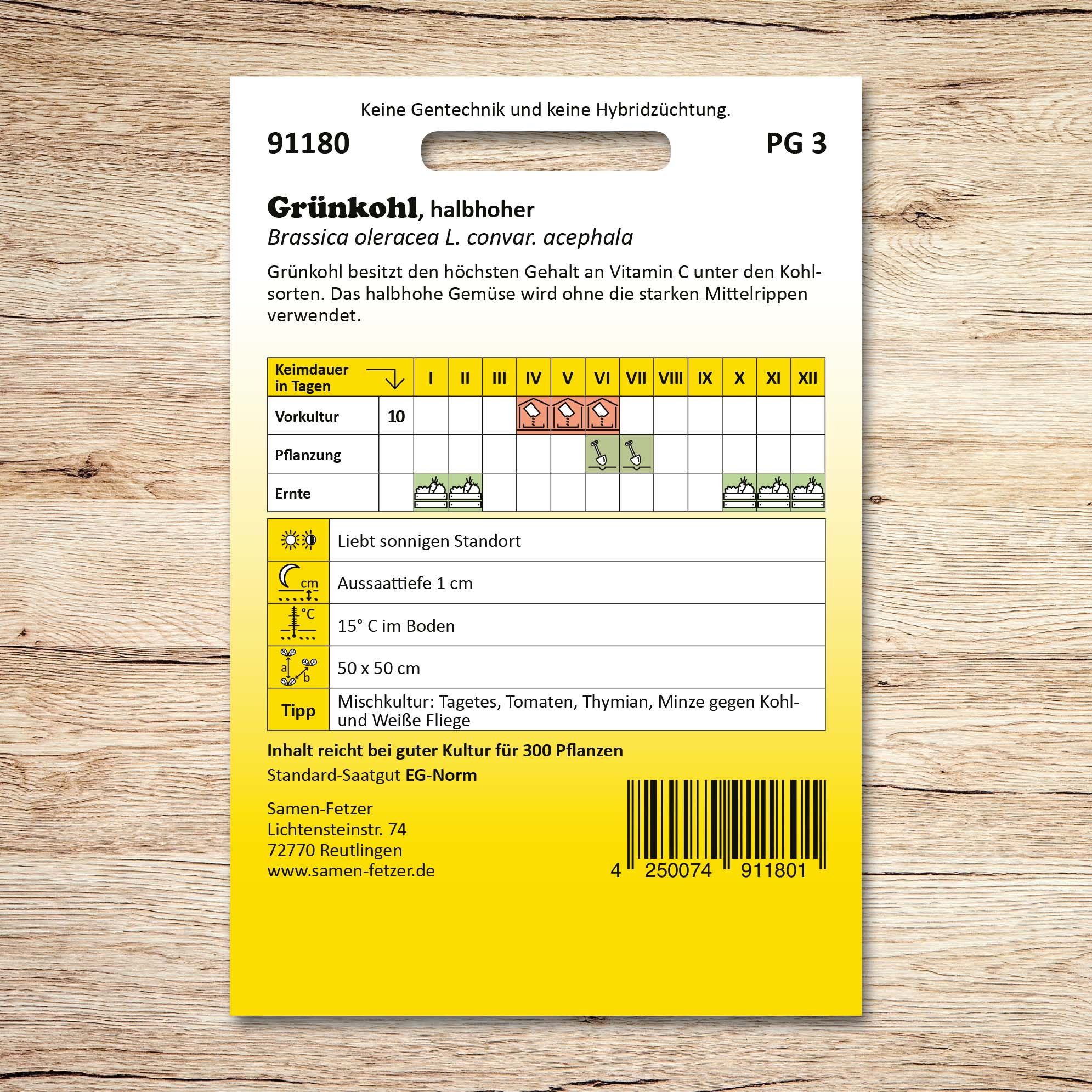 Rückseite der Samen-Fetzer Samentüte für Grünkohl halbhoher mit Aussaatkalender, Pflanzabstand, Erntezeit und Infos zum vitaminreichen Grünkohl.