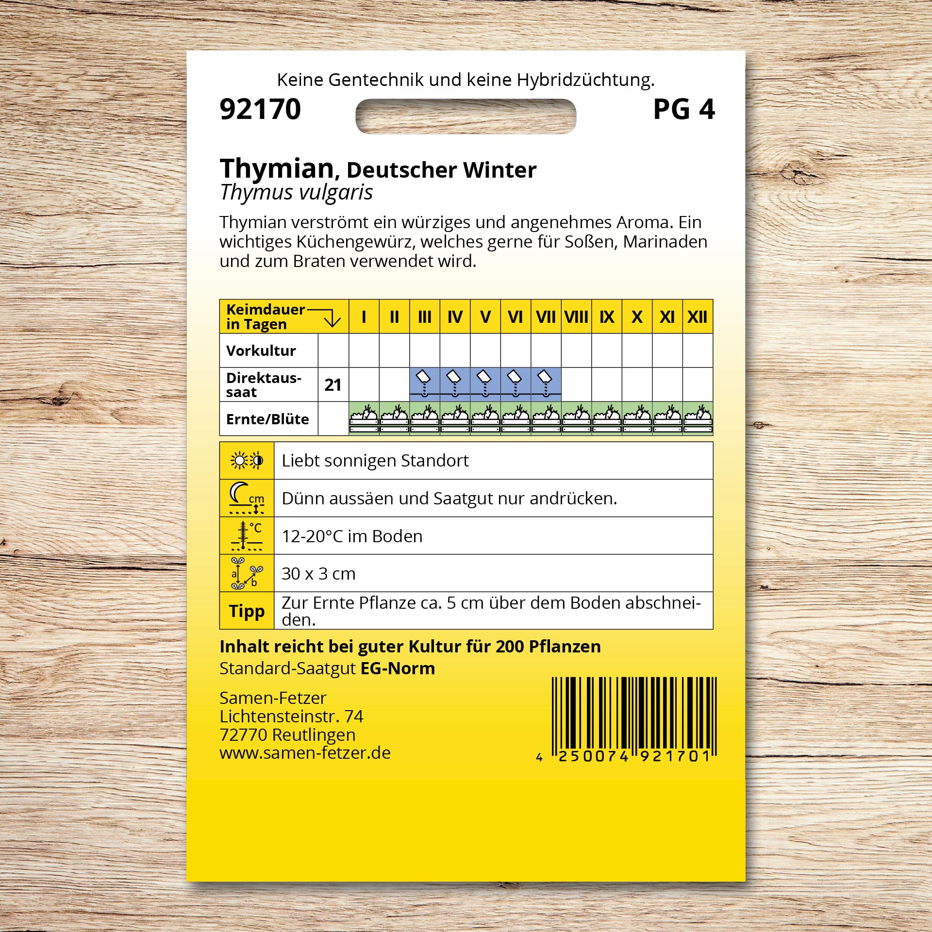 Rückseite der Saatgutpackung Thymian Deutscher Winter, einjährig, mit Aussaat- und Erntehinweisen für das aromatische Küchengewürz für Soßen, Marinaden und Braten.