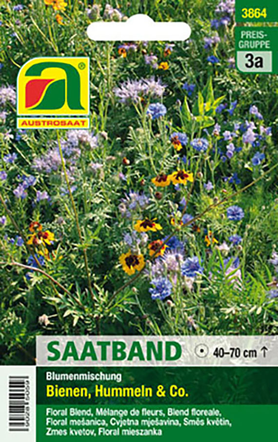 Verpackung eines Austrosaat Saatbands mit Foto einer bunten Wildblumenwiese; Beschriftung: 'SAATBAND', 'Blumenmischung Bienen, Hummeln & Co.', Preiskategorie 3a, empfohlene Wuchshöhe 40–70 cm.