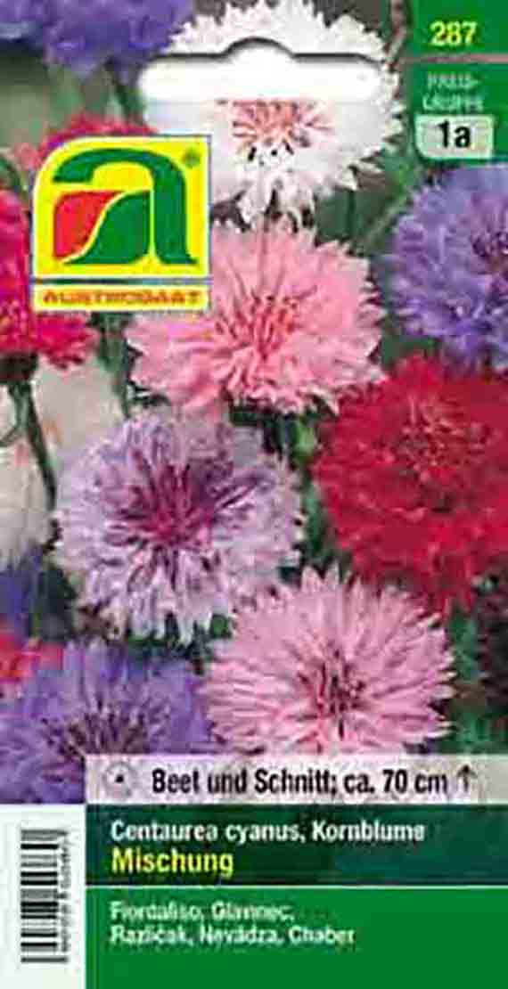 Saatgut-Packung Kornblumen-Mischung (Centaurea cyanus) mit bunten Blüten in Rosa, Lila, Rot und Weiß; Aufschrift: 'Beet und Schnitt: ca. 70 cm'