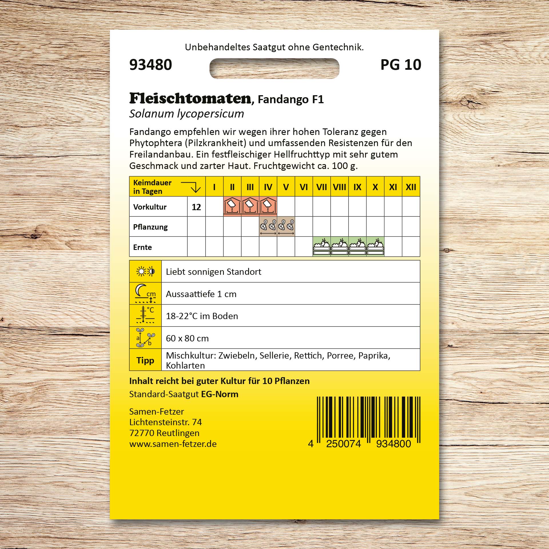 Rückseite der Samentüte Tomaten Fandango F1 von Samen-Fetzer mit Anbauhinweisen für festfleischige, schmackhafte Freilandtomaten, ca. 100 g Fruchtgewicht und hoher Toleranz gegen Phytophthora.