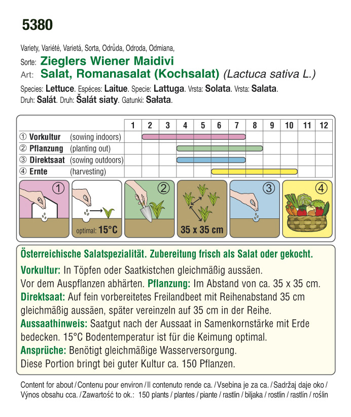 Saatgutpackung 'Zieglers Wiener Majdivi' – Romanasalat (Kochsalat, Lactuca sativa). Verpackungsabbildung mit Aussaat- und Erntekalender, Vorkulturhinweis, Pflanzabstand 35 x 35 cm und optimaler Keimtemperatur 15°C.
