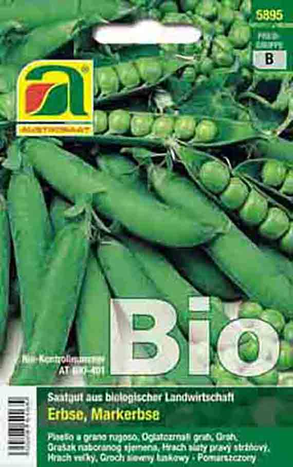 Packung Bio-Saatgut für Erbse (Markerbse) mit grünem Erbsen-Motiv, Logo und Schriftzug "Bio"