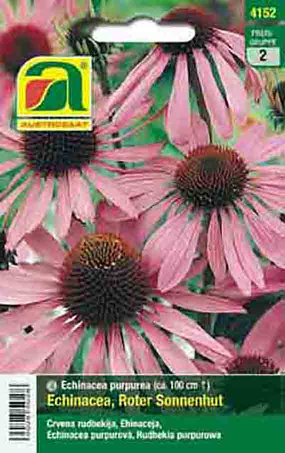 Samenpackung Echinacea purpurea (Roter Sonnenhut) mit Abbildung rosa Blüten und dunklem Kegelzentrum