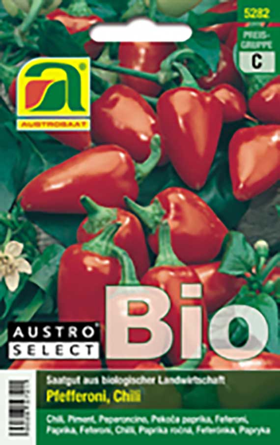 Vorderseite eines Saatgut-Pakets von Austro Select: Bio-Pfefferoni/Chili mit mehreren roten, spitz zulaufenden Paprikafrüchten