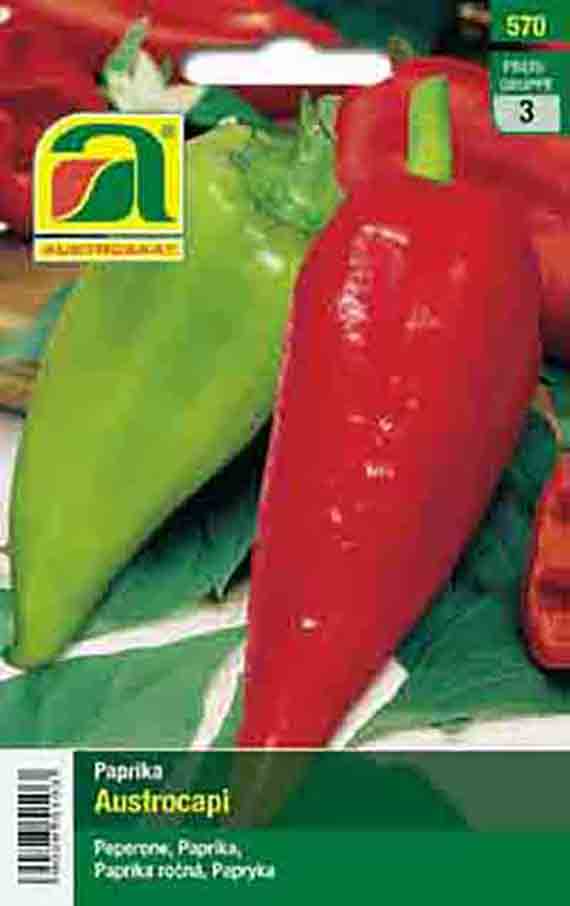 Saatgut-Packung der Paprika-Sorte 'Austrocapi' mit Foto einer roten und einer grünen Spitzpaprika, Markenlogo und Produktinformationen auf grünem Hintergrund