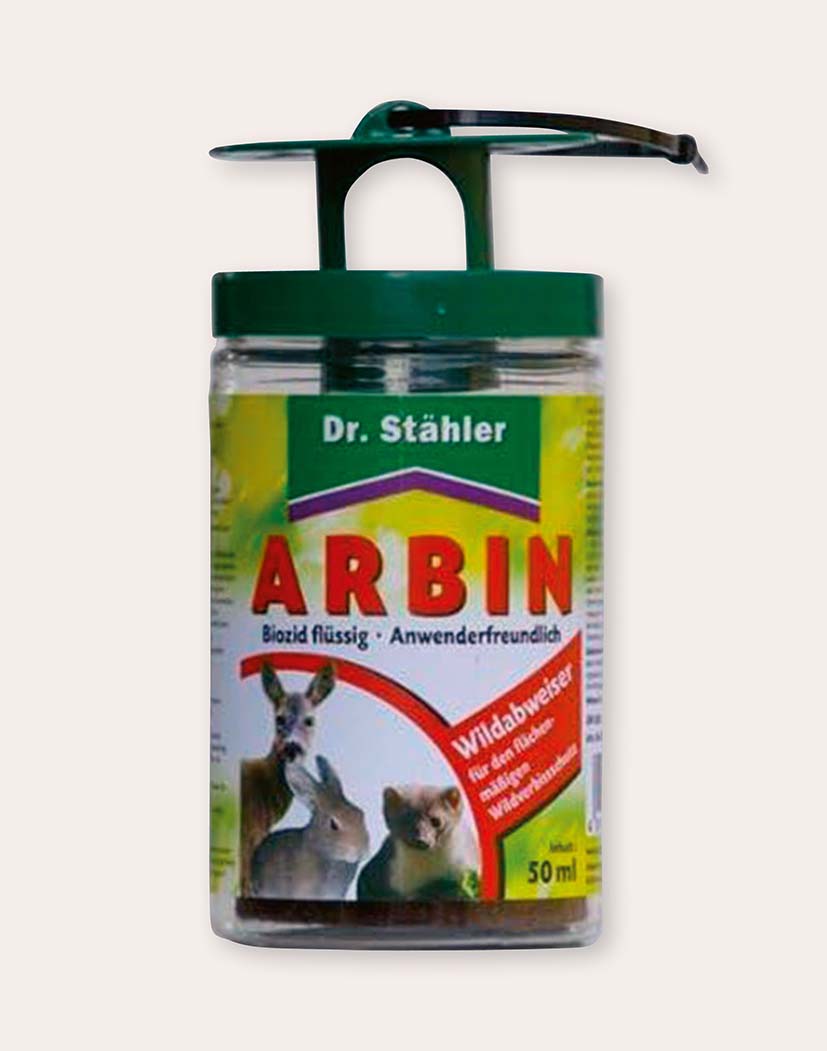 Glasflasche ARBIN Wildabweiser 50 ml von Dr. Stähler mit grünem Schraubverschluss; Etikett zeigt Reh, Hase und Fuchs. Flüssiges Biozid zur Abwehr wildlebender Fressfeinde, handliche Verpackung.