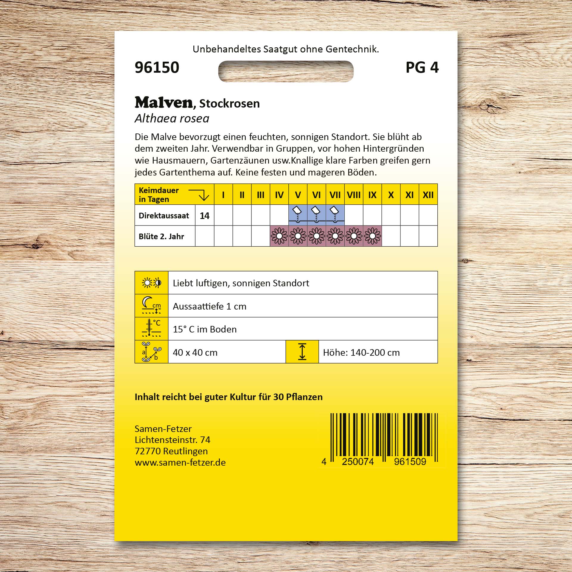 Rückseite der Samenpackung Malven Stockrosen, gefüllte Prachtmischung von Samen-Fetzer mit Aussaat- und Blühkalender sowie Standortangaben für sonnige, feuchte Lagen