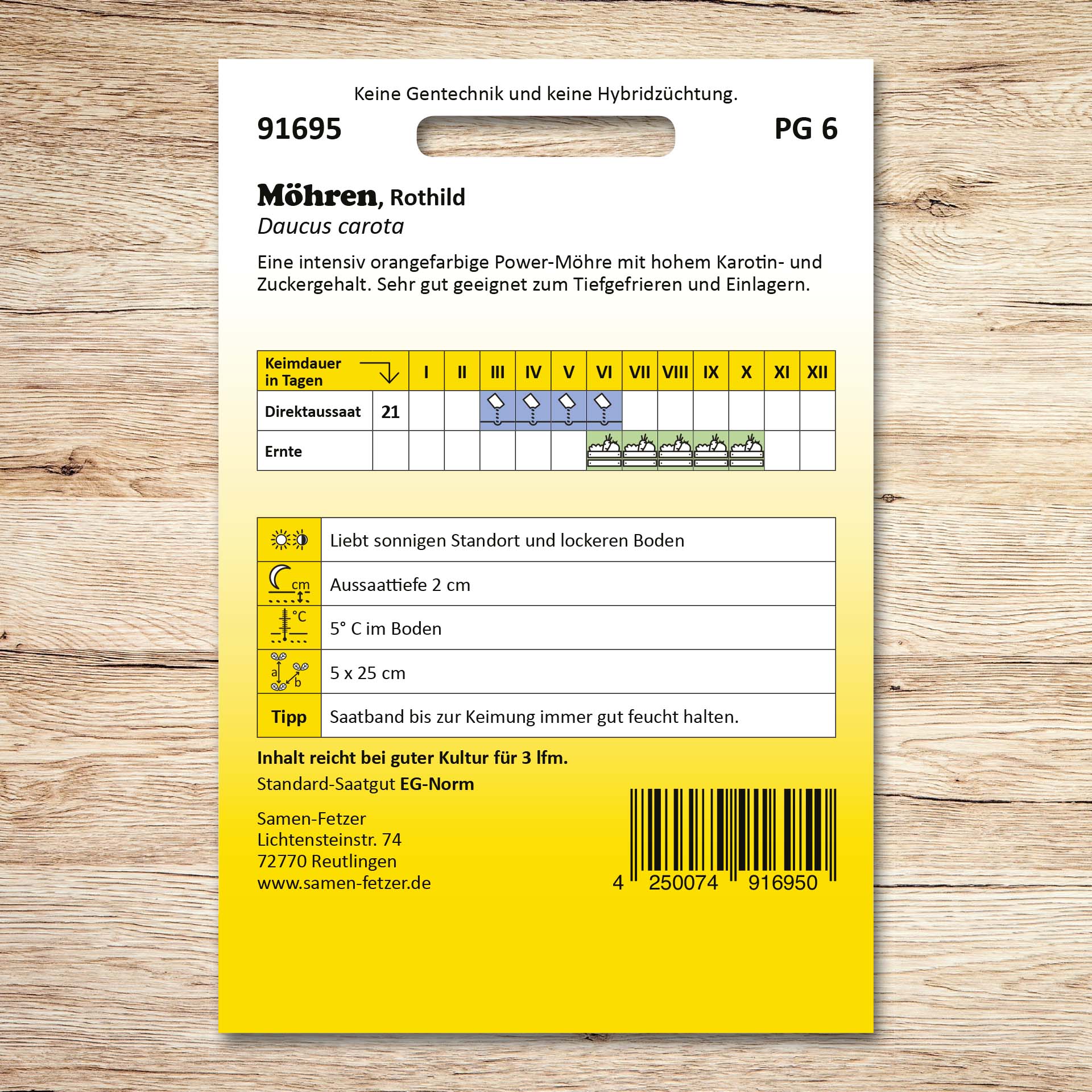 Rückseite der Samenpackung Saatband Möhren Rothild von Samen-Fetzer mit Aussaat- und Erntekalender sowie Hinweisen zu Saattiefe, Standort und Pflanzabstand.